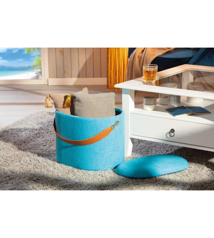 POUF AZZURRO CON CONTENITORE E MANIGLIA IN ECOPELLE, 42X30X36CM